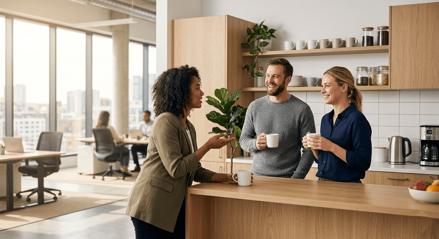 Kolleginnen und Kollegen beim Kaffee in einem modernen Büro